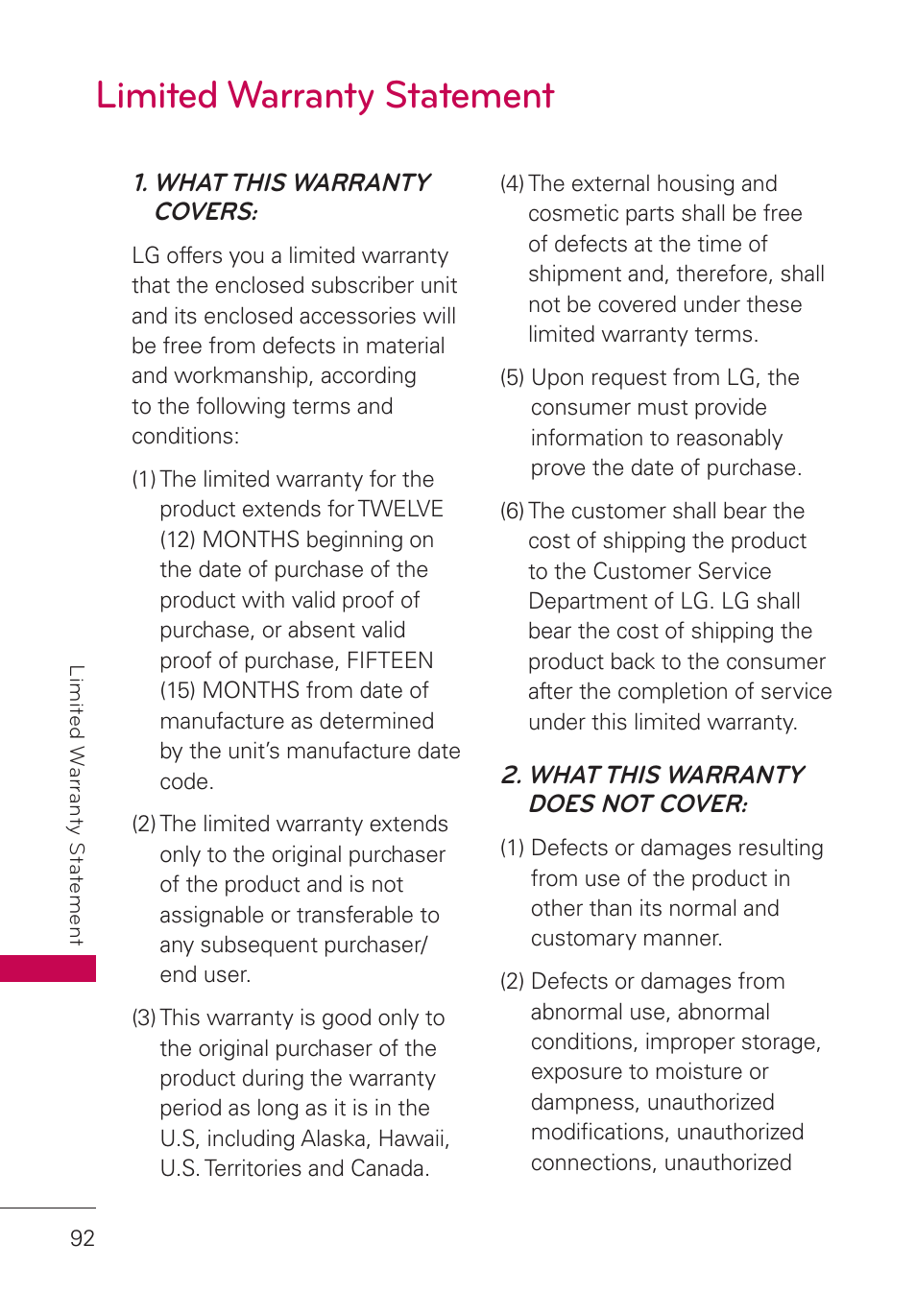 Limited warranty statement, Limited warranty statement 92 | LG UN160 User Manual | Page 94 / 101