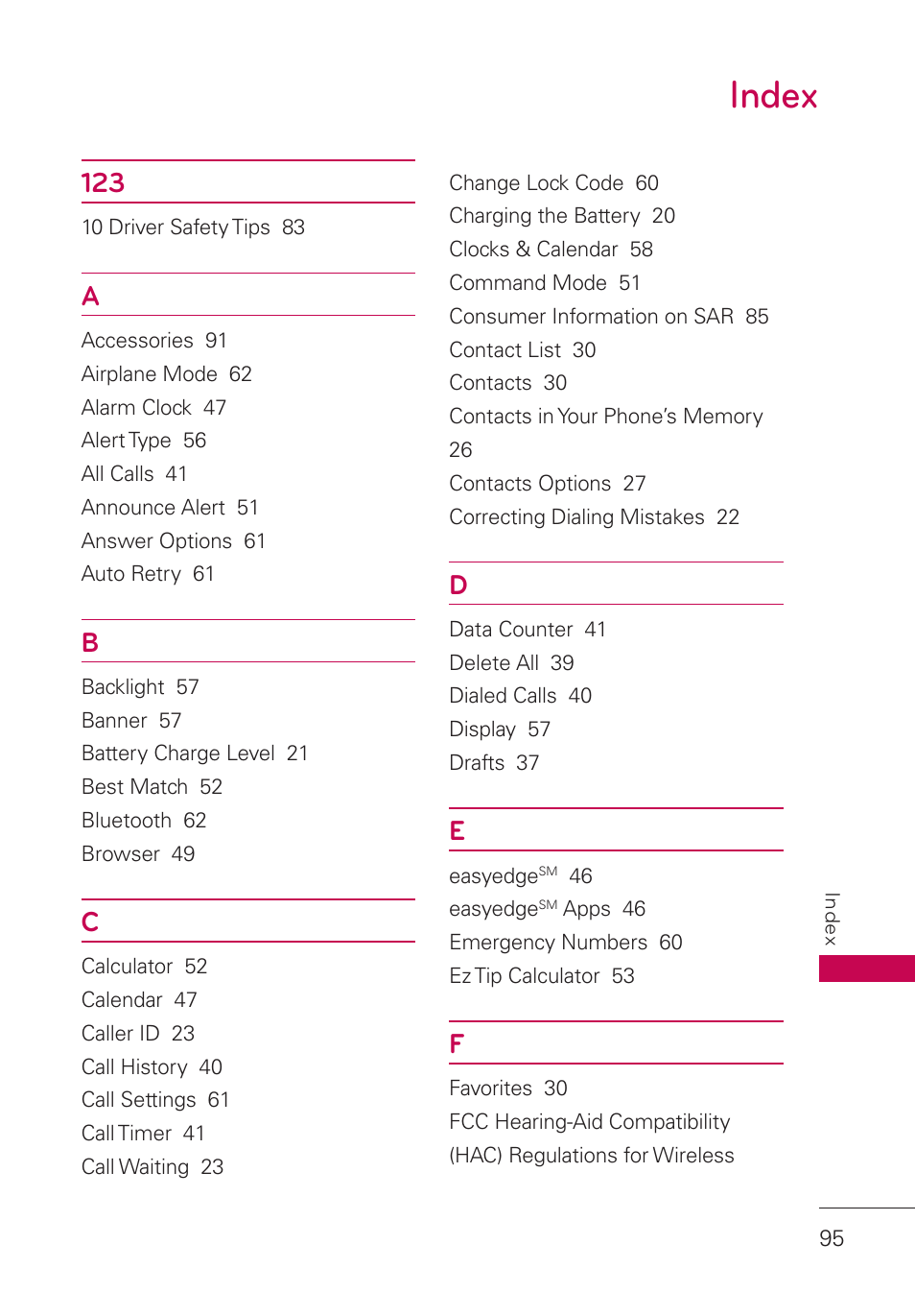 Index, Index 95 | LG UN160 User Manual | Page 97 / 101