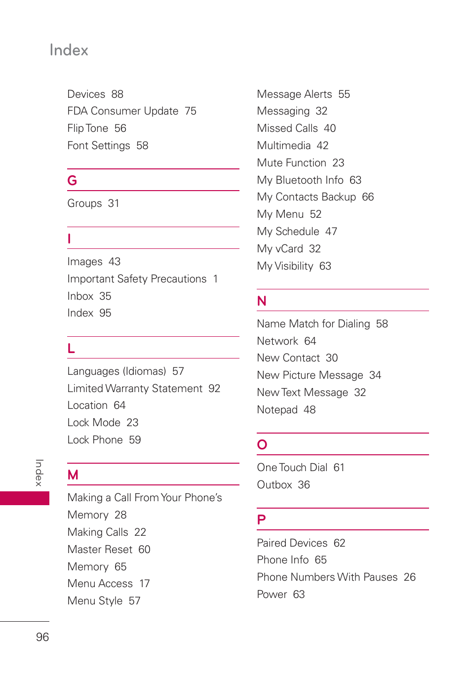 Index | LG UN160 User Manual | Page 98 / 101