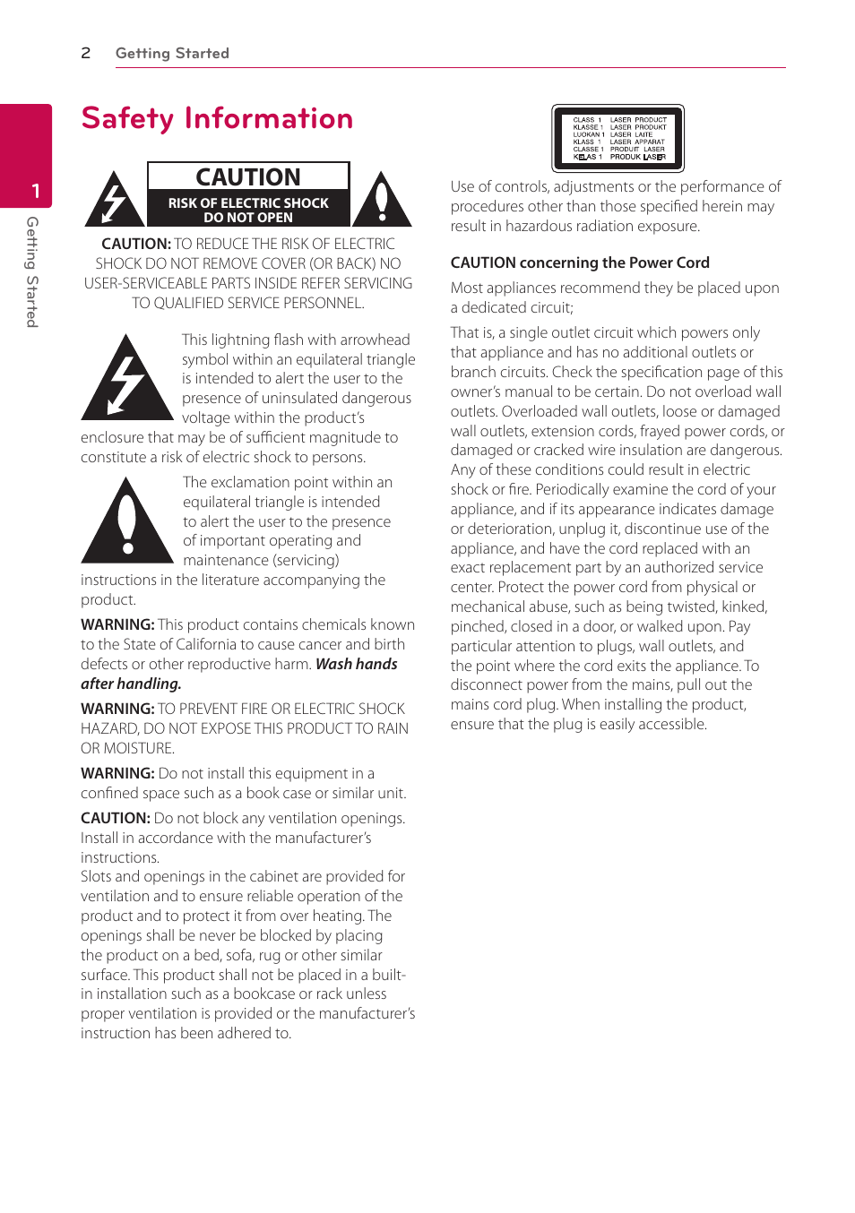 1 getting started, Safety information, Caution | LG BPM54 User Manual | Page 2 / 70