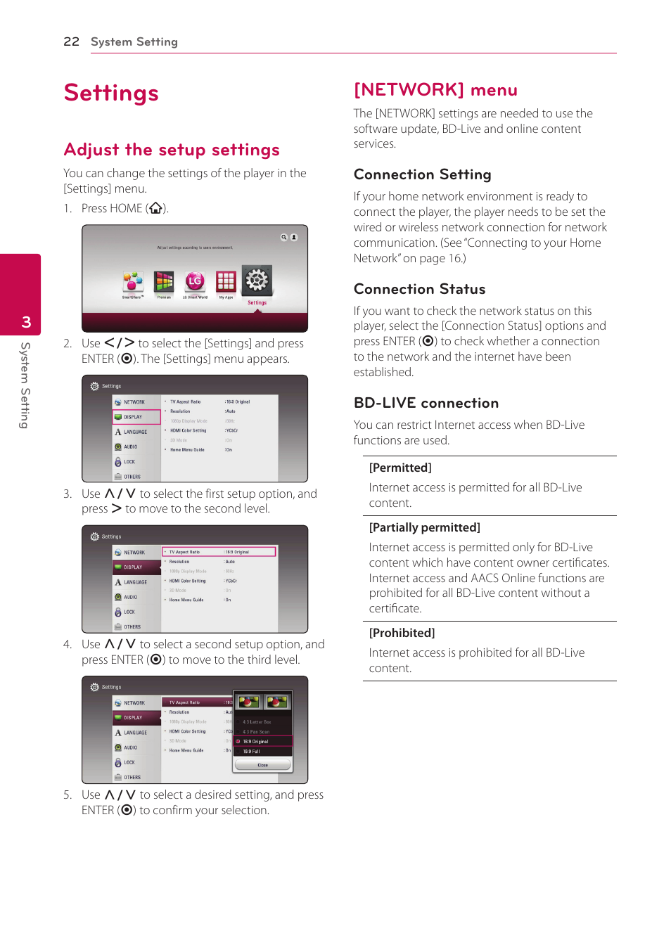 Settings, Adjust the setup settings, Network] menu | LG BPM54 User Manual | Page 22 / 70