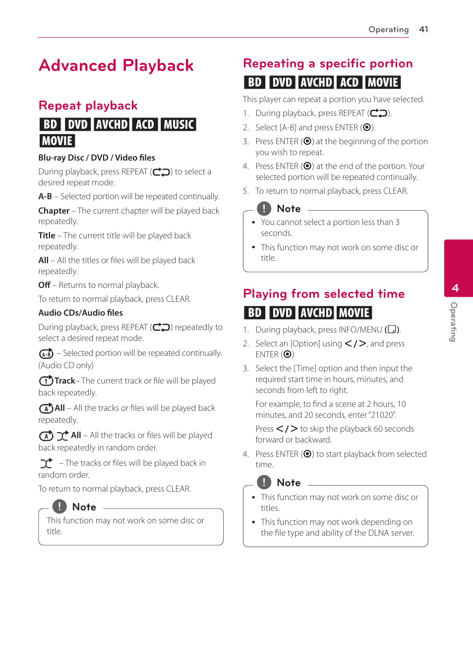 Advanced playback, Repeat playback, Repeating a specific portion | Playing from selected time, Repeat playback erotu y, Repeating a specific portion eroty, Playing from selected time eroy | LG BPM54 User Manual | Page 41 / 70