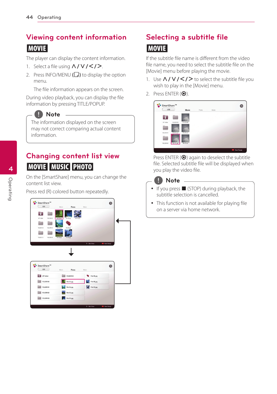 Viewing content information, Changing content list view, Selecting a subtitle file | Viewing content information y, Changing content list view yui, Selecting a subtitle file y | LG BPM54 User Manual | Page 44 / 70