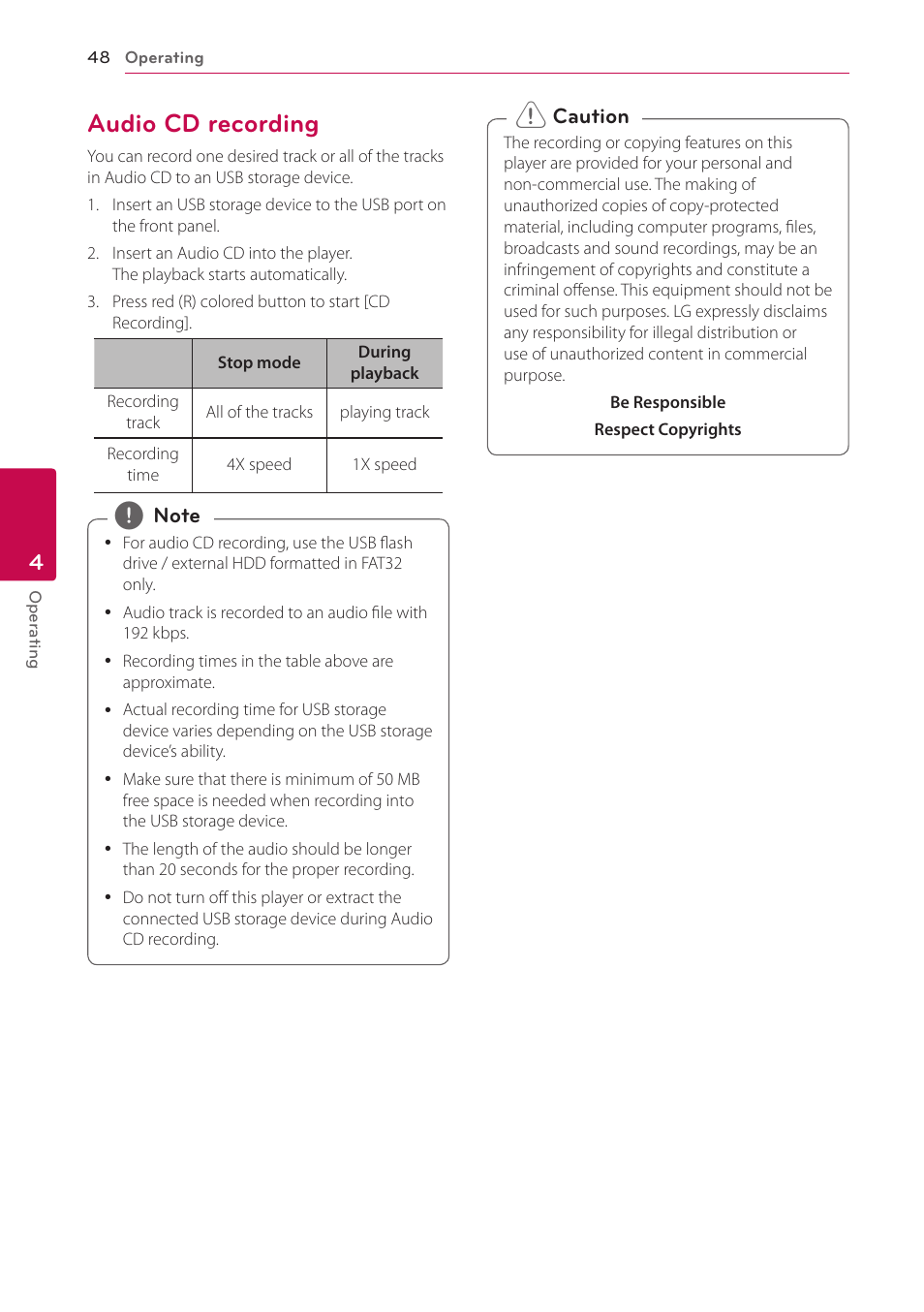 Audio cd recording, 48 – audio cd recording | LG BPM54 User Manual | Page 48 / 70