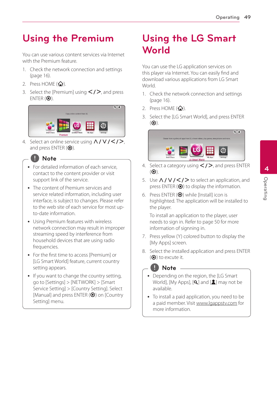 Using the premium, Using the lg smart world, 49 using the premium 49 using the lg smart world | LG BPM54 User Manual | Page 49 / 70