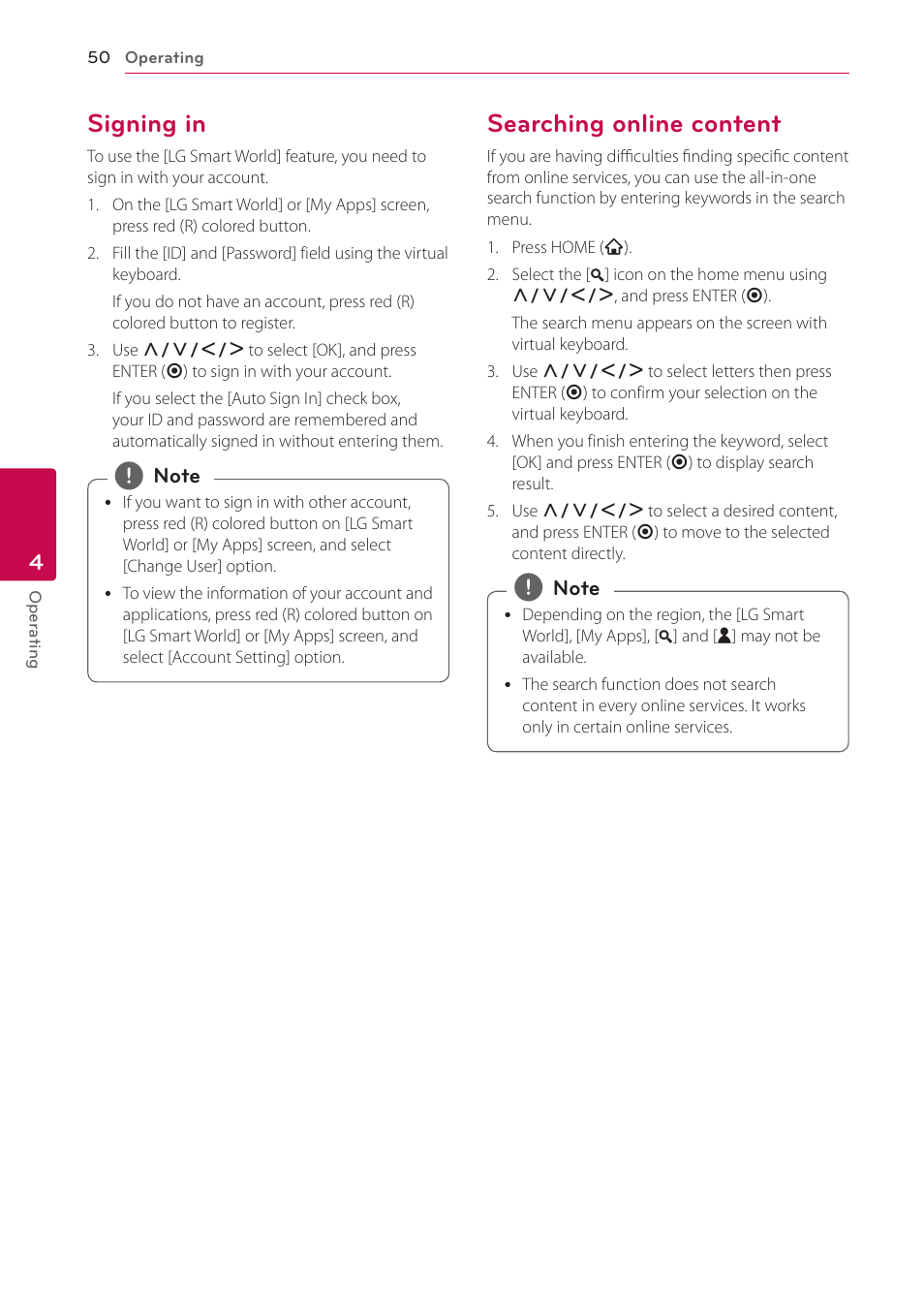 Signing in, Searching online content, 50 – signing in 50 – searching online content | LG BPM54 User Manual | Page 50 / 70