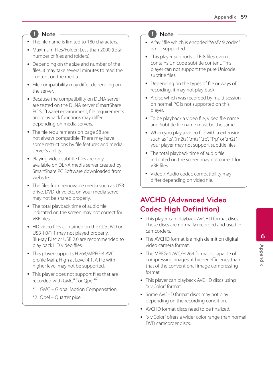 Avchd (advanced video codec high definition), 59 – avchd (advanced video codec high, Definition) | LG BPM54 User Manual | Page 59 / 70