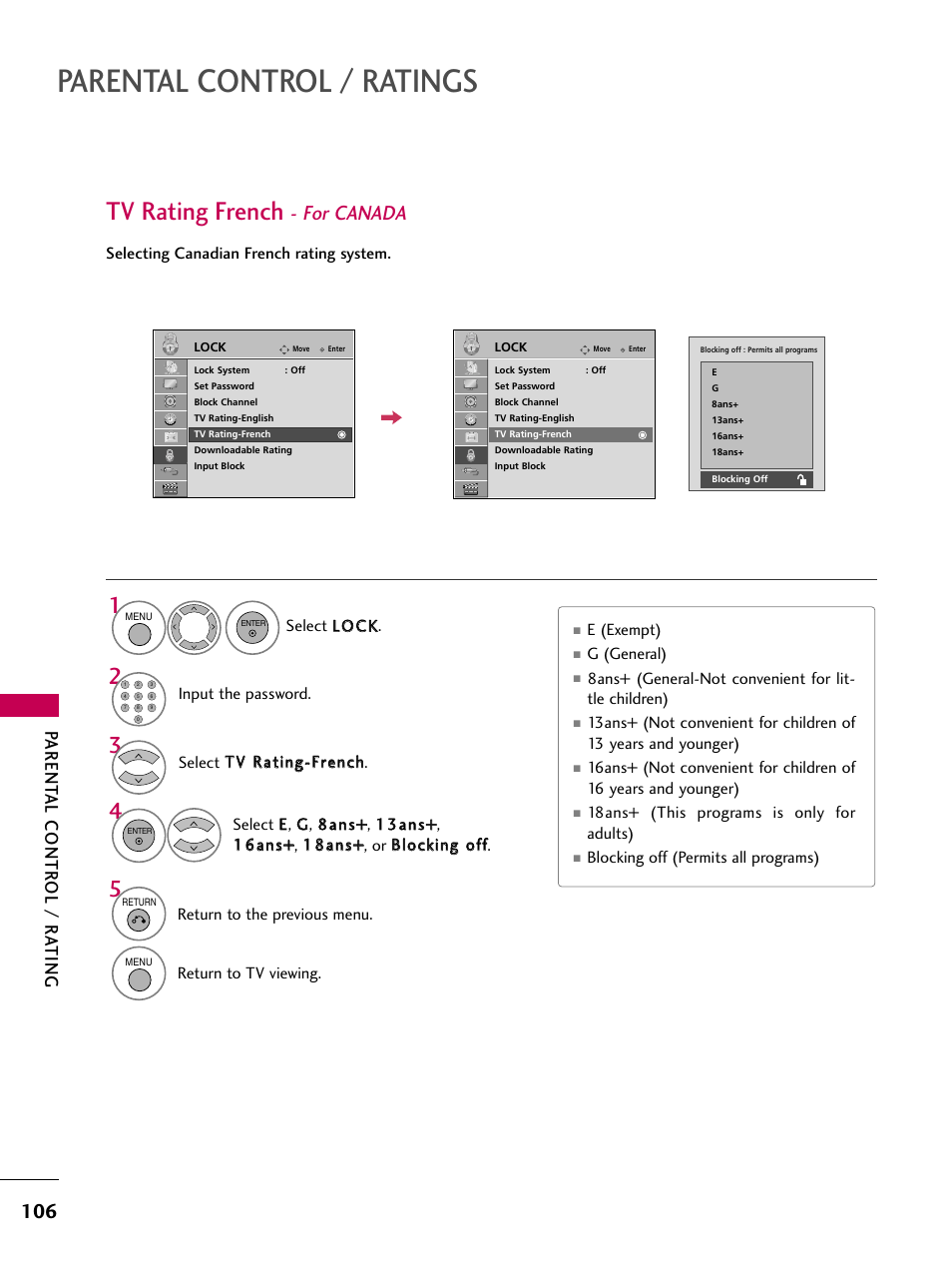 Parental control / ratings, Tv rating french, For canada | Parent al contr ol / r a ting | LG 47LH90-UB User Manual | Page 106 / 134