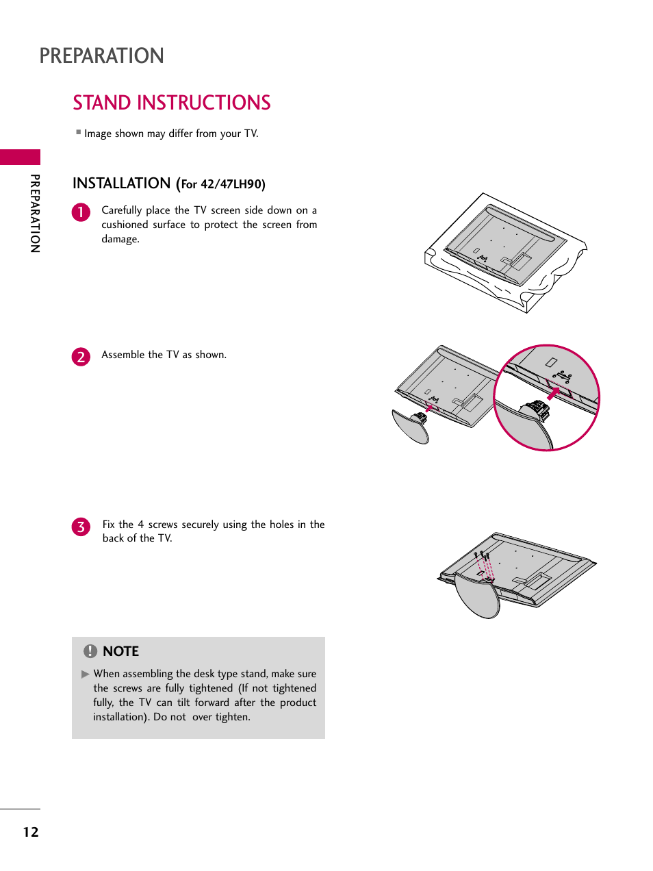 Preparation, Stand instructions, Installation | LG 47LH90-UB User Manual | Page 12 / 134