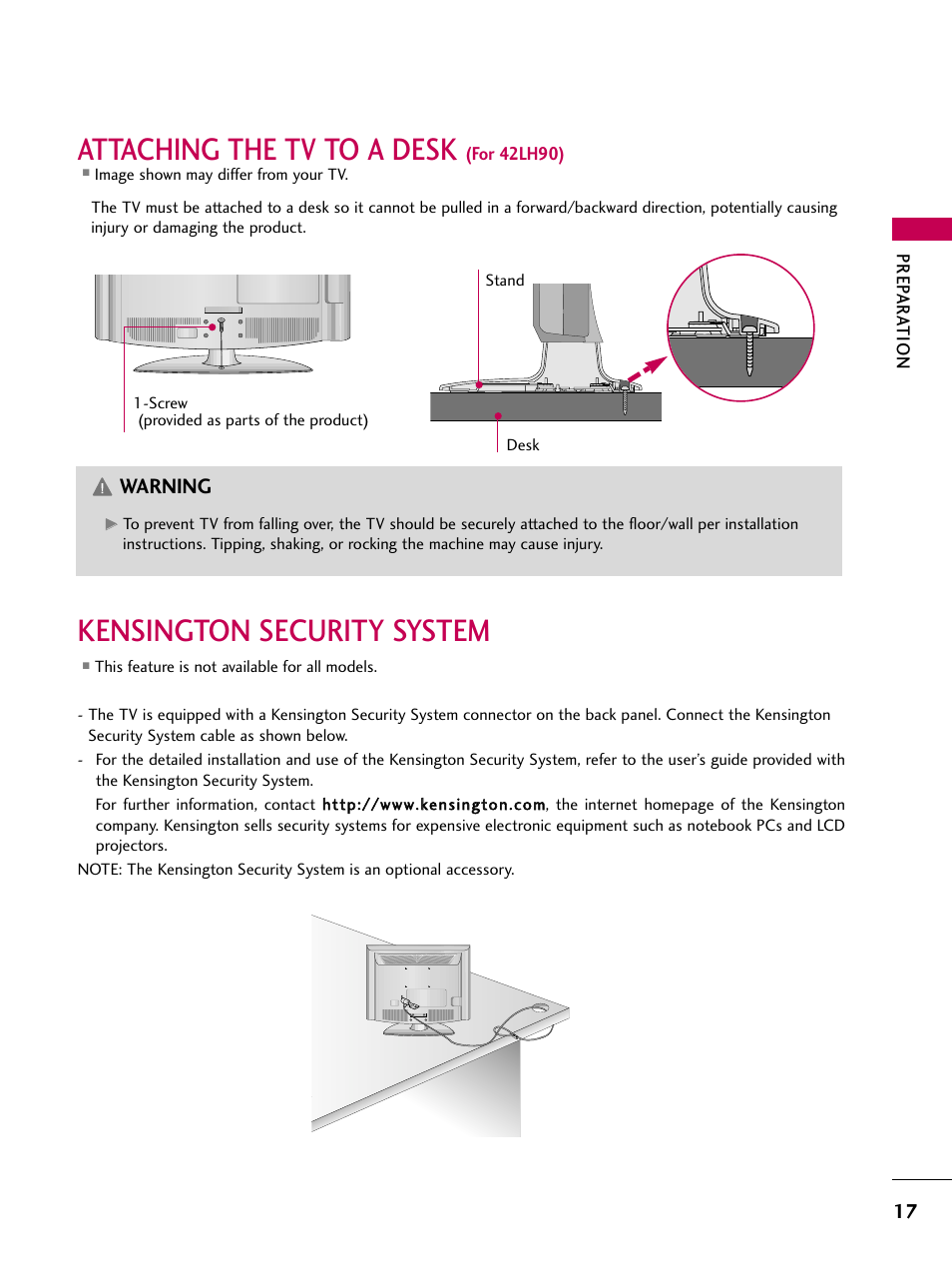 Attaching the tv to a desk, Kensington security system, Warning | LG 47LH90-UB User Manual | Page 17 / 134