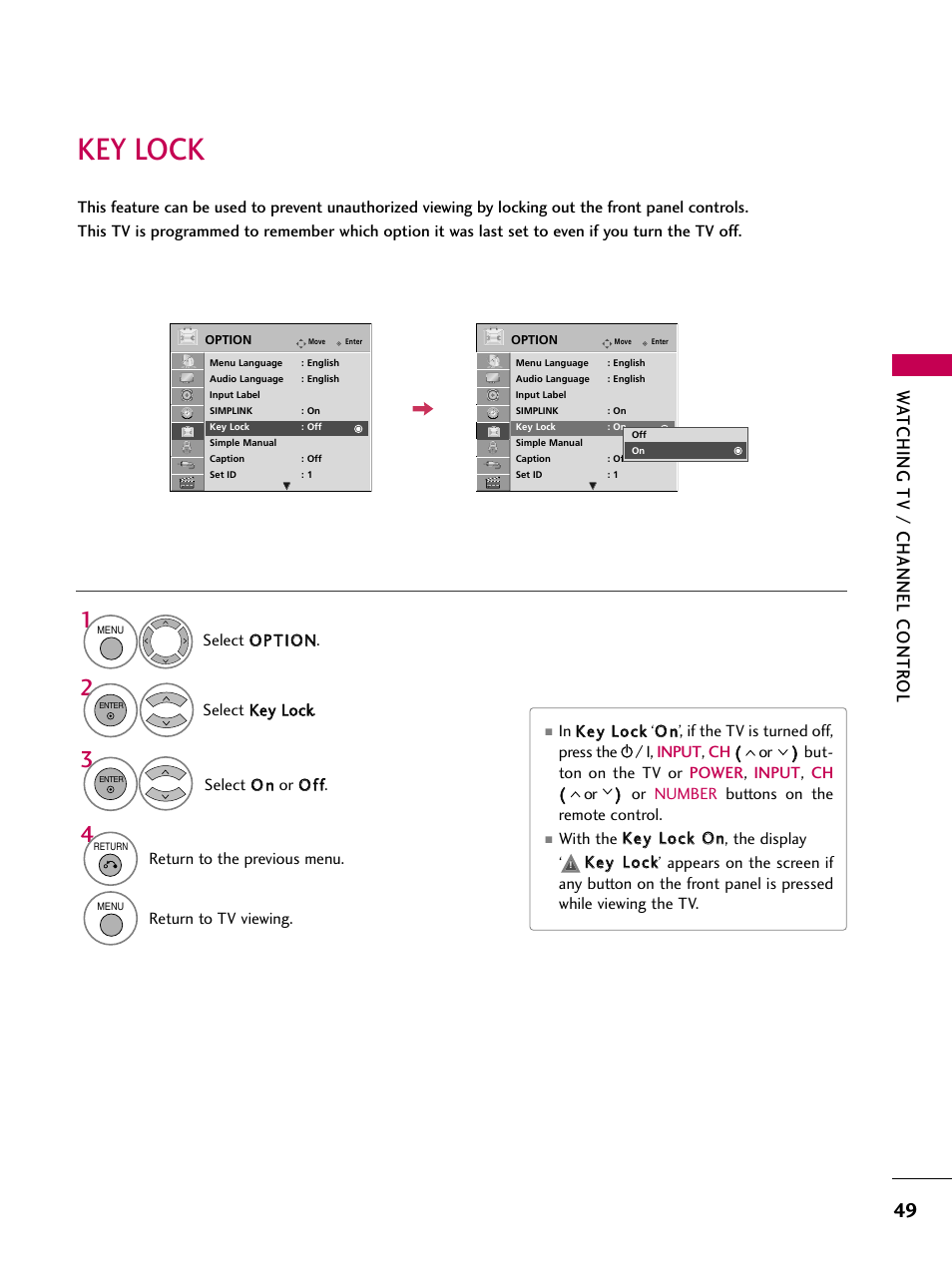 Key lock, Wa tching tv / channel contr ol | LG 47LH90-UB User Manual | Page 49 / 134