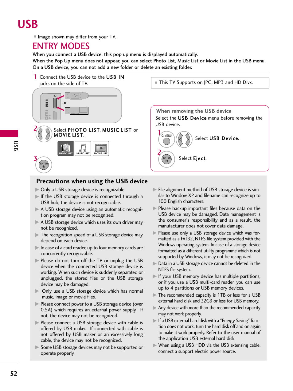 Entry modes, Precautions when using the usb device, When removing the usb device | LG 47LH90-UB User Manual | Page 52 / 134