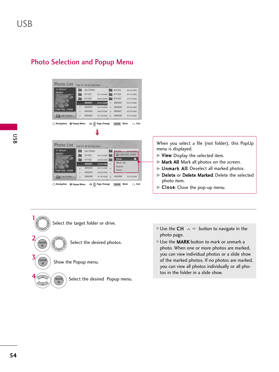 Photo selection and popup menu, Show the popup menu, Select the desired popup menu | Photo list, Vviieew w: display the selected item, Cc ll o o ss ee: close the pop-up menu | LG 47LH90-UB User Manual | Page 54 / 134