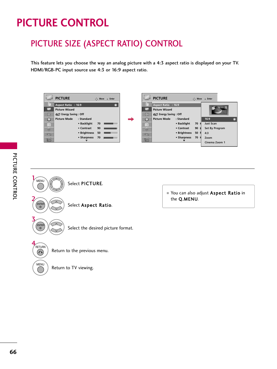 Picture control, Picture size (aspect ratio) control, Picture contr ol | LG 47LH90-UB User Manual | Page 66 / 134