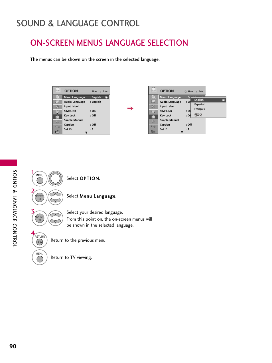 Sound & language control, On-screen menus language selection, Sound & langu a ge contr ol | LG 47LH90-UB User Manual | Page 90 / 134