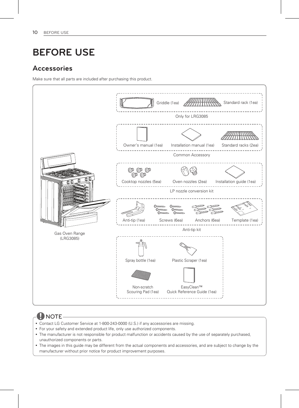 Before use, Accessories | LG LRG3083ST User Manual | Page 11 / 93