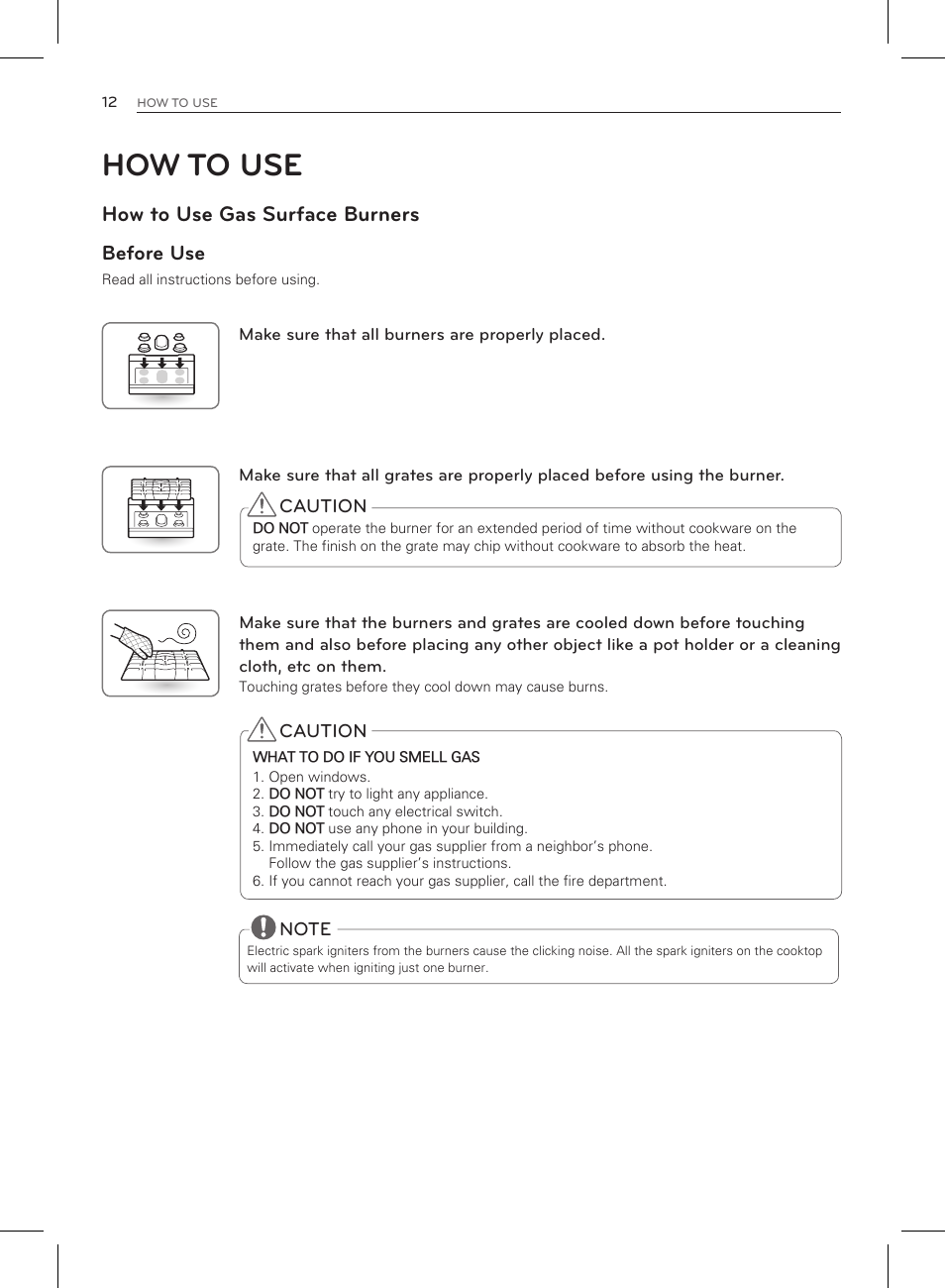 How to use, How to use gas surface burners before use | LG LRG3083ST User Manual | Page 13 / 93