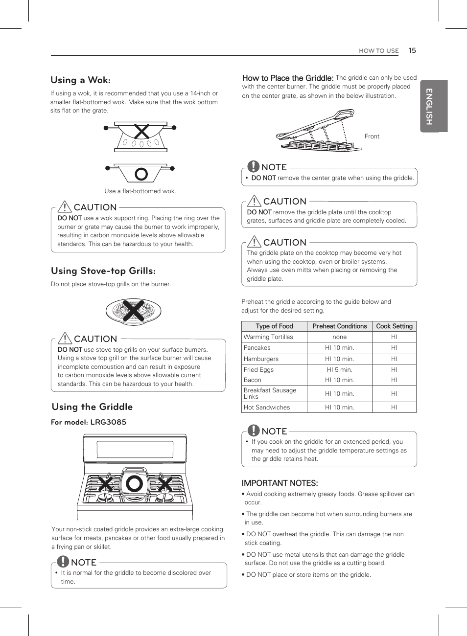 Using a wok, Using stove-top grills, Using the griddle | Caution | LG LRG3083ST User Manual | Page 16 / 93