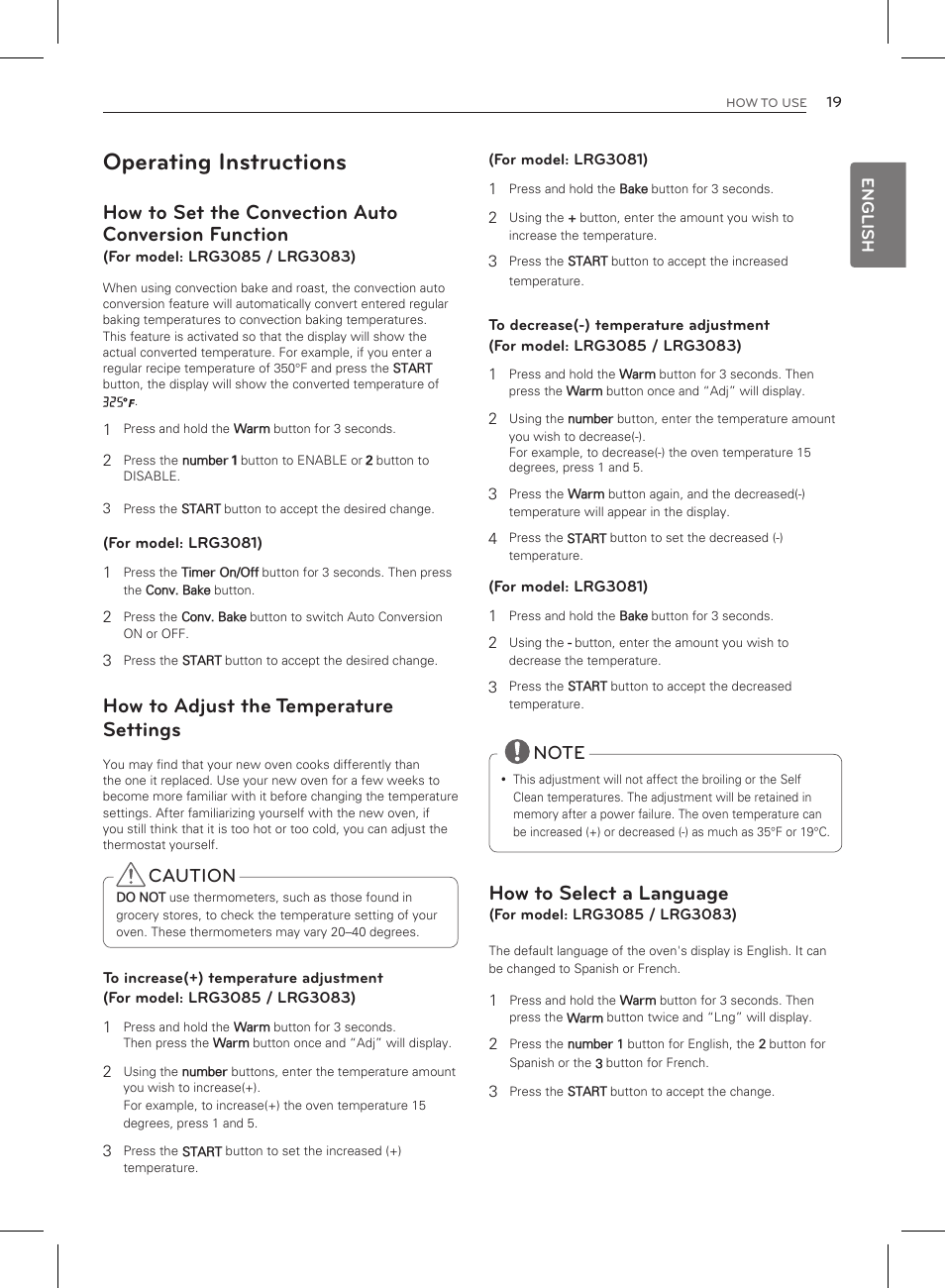 Operating instructions, How to set the convection auto conversion function, How to select a language | How to adjust the temperature settings, Caution | LG LRG3083ST User Manual | Page 20 / 93