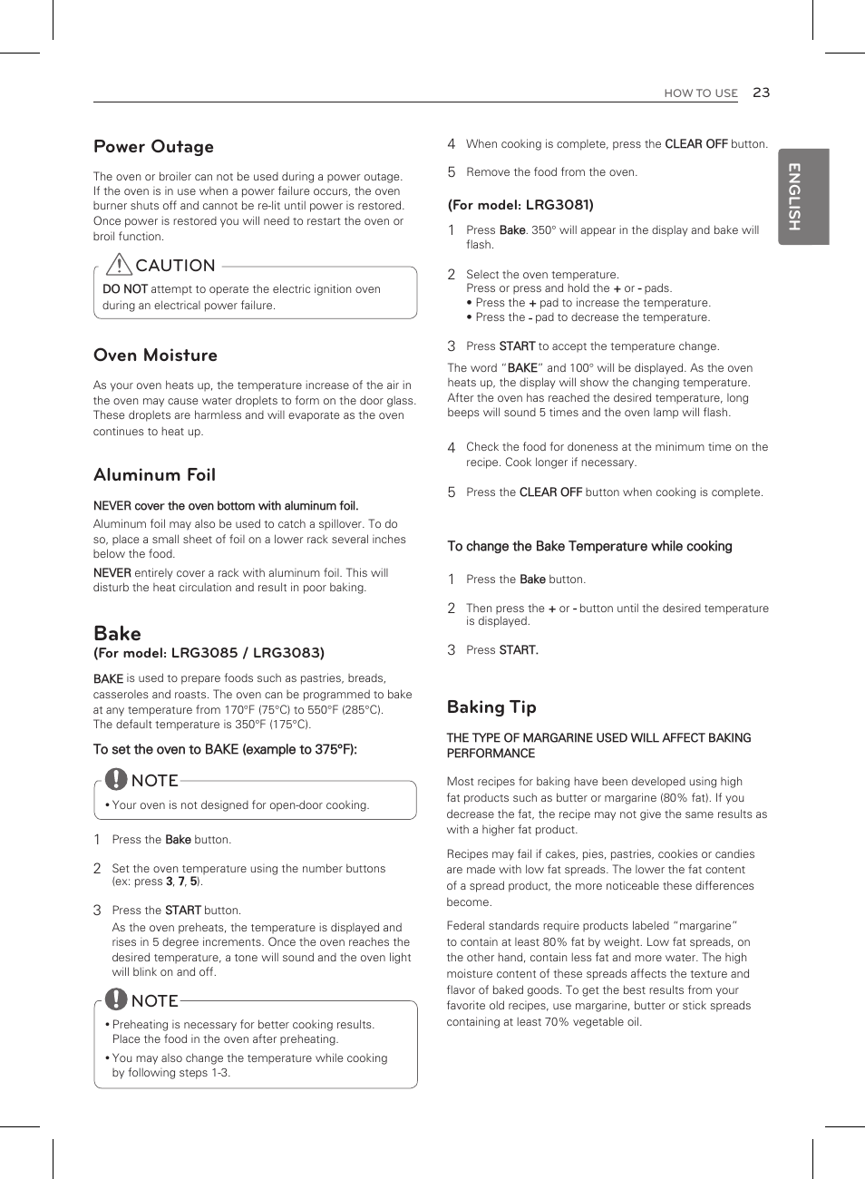 Bake, Power outage, Oven moisture | Aluminum foil, Baking tip, Caution | LG LRG3083ST User Manual | Page 24 / 93