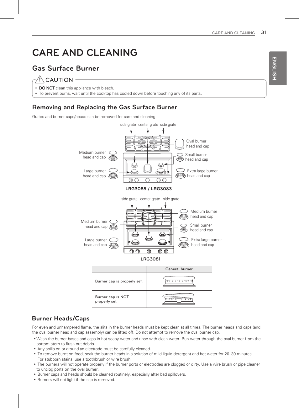 Care and cleaning, Gas surface burner, Removing and replacing the gas surface burner | Burner heads/caps, Caution | LG LRG3083ST User Manual | Page 32 / 93
