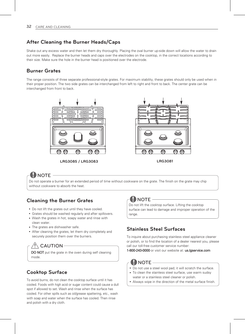 Burner grates, After cleaning the burner heads/caps, Cleaning the burner grates | Cooktop surface, Stainless steel surfaces, Caution | LG LRG3083ST User Manual | Page 33 / 93