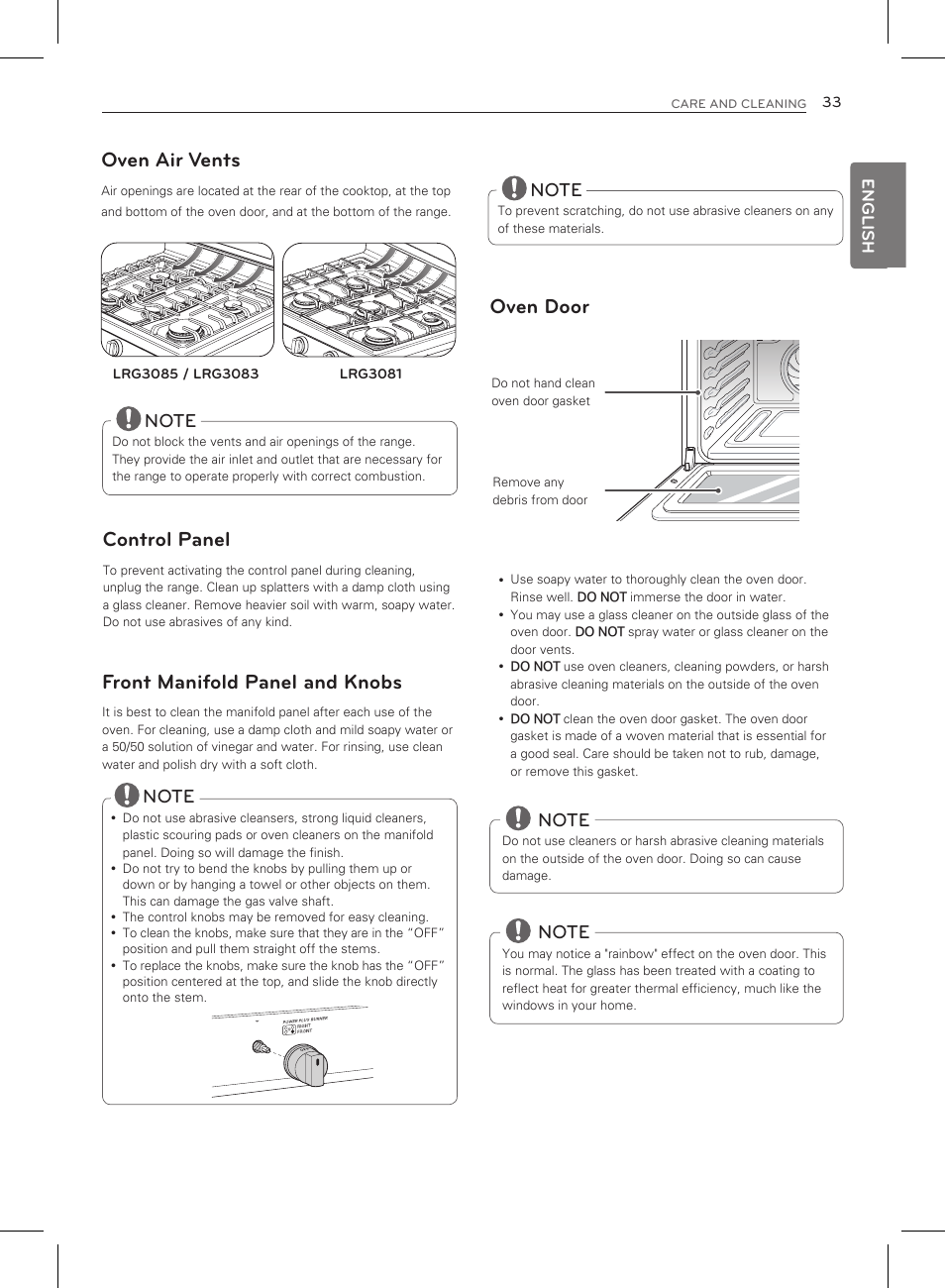 Oven air vents, Oven door, Control panel | Front manifold panel and knobs | LG LRG3083ST User Manual | Page 34 / 93