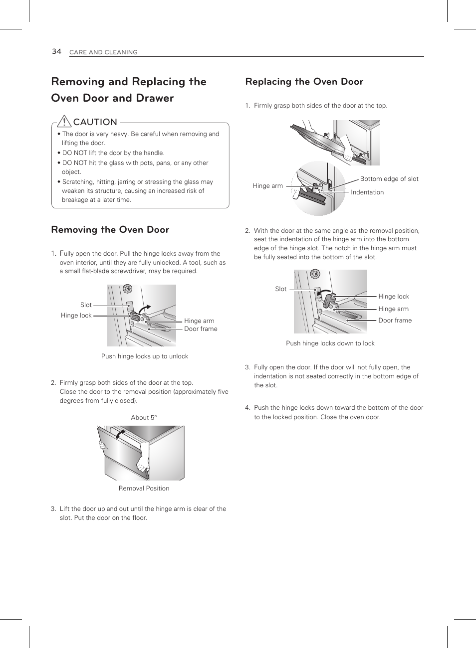 Removing and replacing the oven door and drawer, Removing the oven door, Replacing the oven door | Caution | LG LRG3083ST User Manual | Page 35 / 93