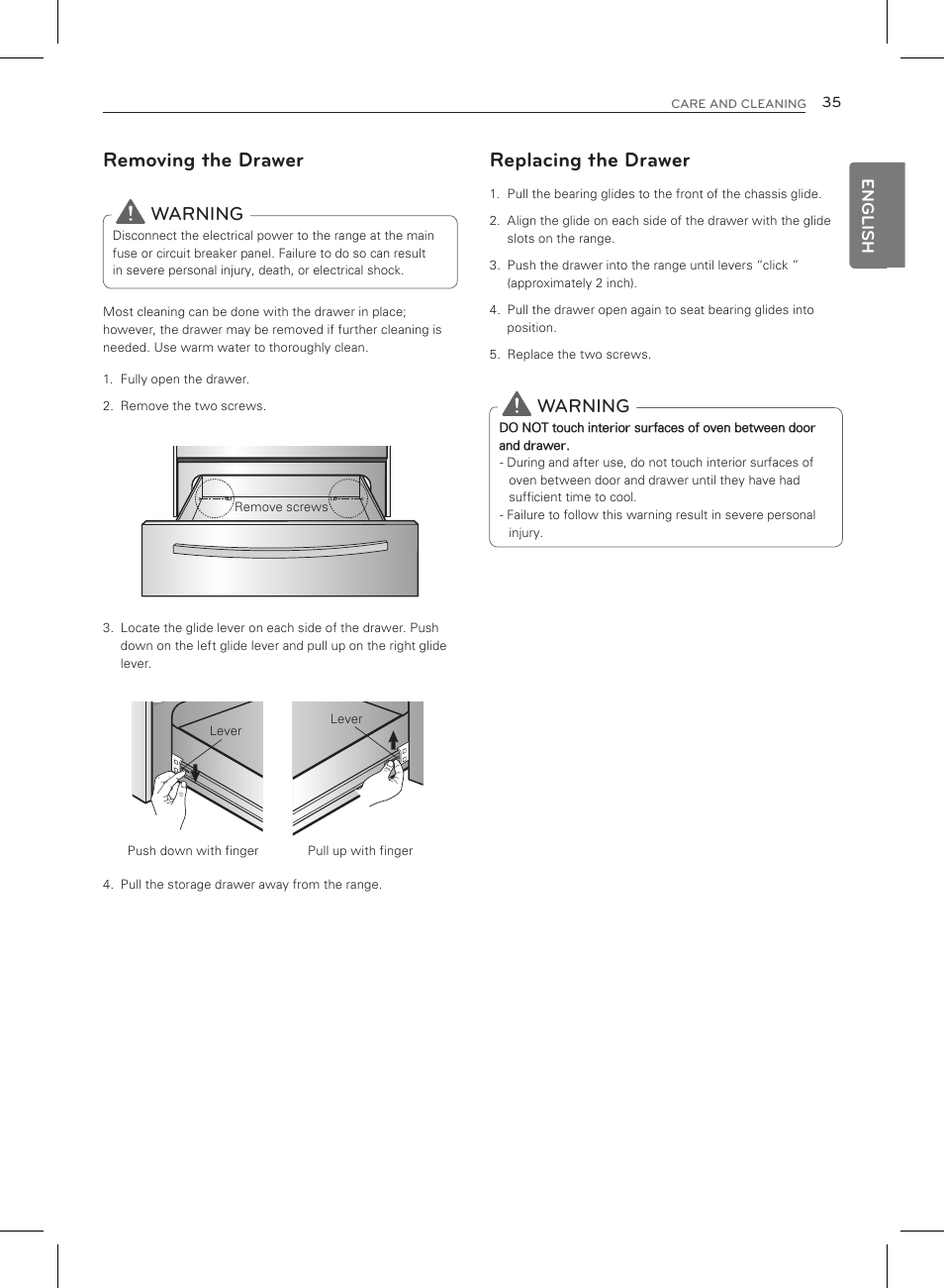 Removing the drawer, Replacing the drawer, Warning | LG LRG3083ST User Manual | Page 36 / 93