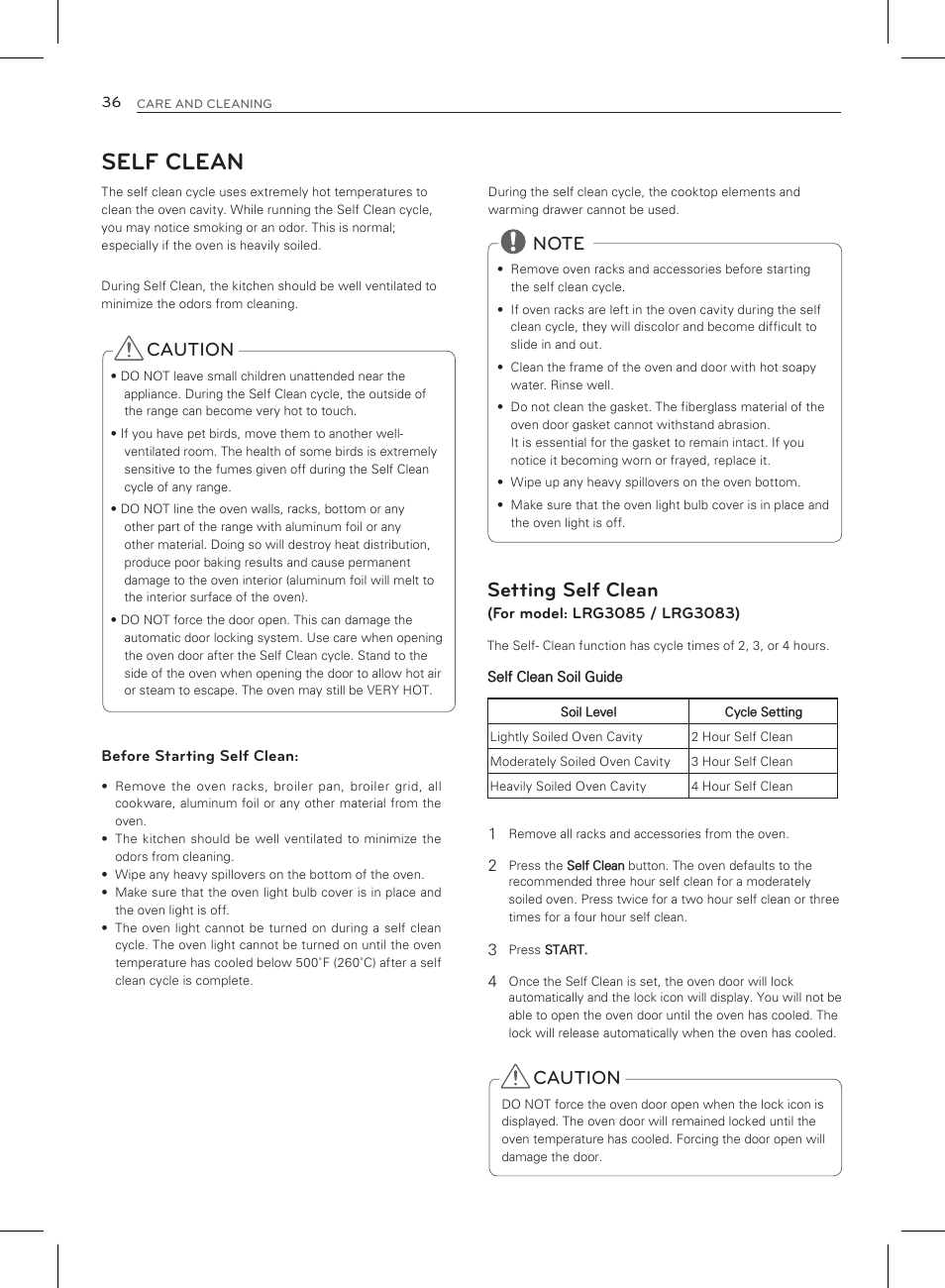 Self clean, Setting self clean, Caution | LG LRG3083ST User Manual | Page 37 / 93