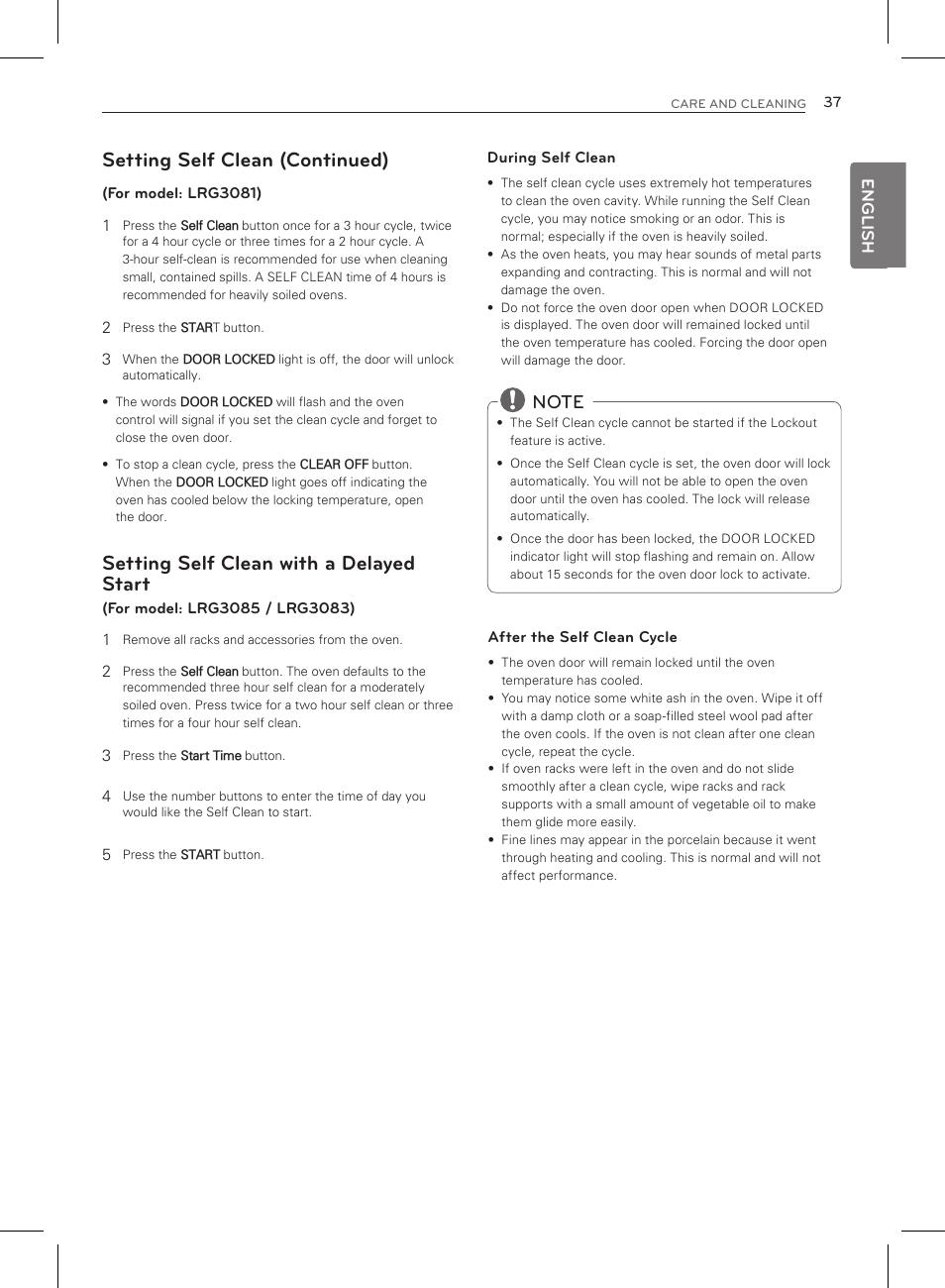 Setting self clean with a delayed start, Setting self clean (continued) | LG LRG3083ST User Manual | Page 38 / 93