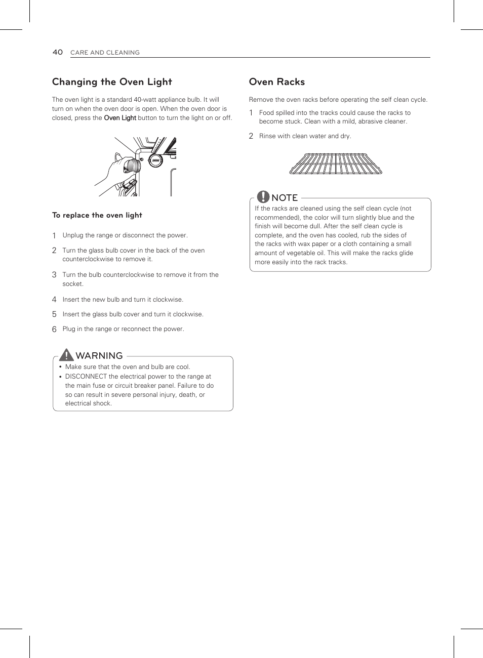 Changing the oven light, Oven racks, Warning | LG LRG3083ST User Manual | Page 41 / 93
