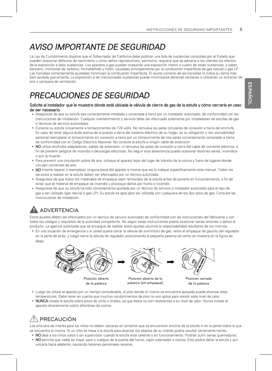 Aviso importante de seguridad, Precauciones de seguridad, Advertencia | Precaución | LG LRG3083ST User Manual | Page 50 / 93