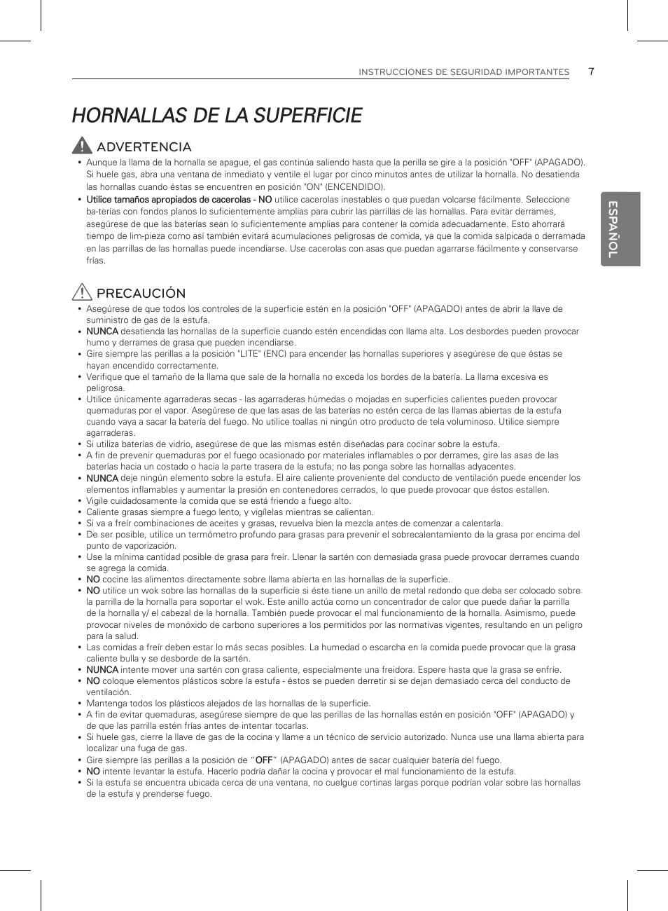 Hornallas de la superficie, Advertencia, Precaución | LG LRG3083ST User Manual | Page 52 / 93