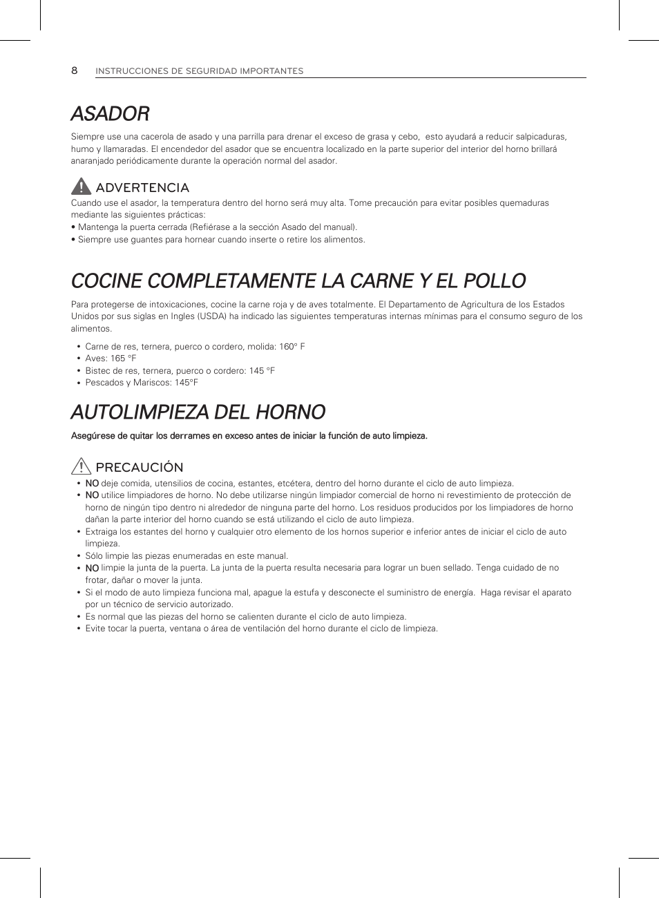 Asador, Cocine completamente la carne y el pollo, Autolimpieza del horno | Advertencia, Precaución | LG LRG3083ST User Manual | Page 53 / 93