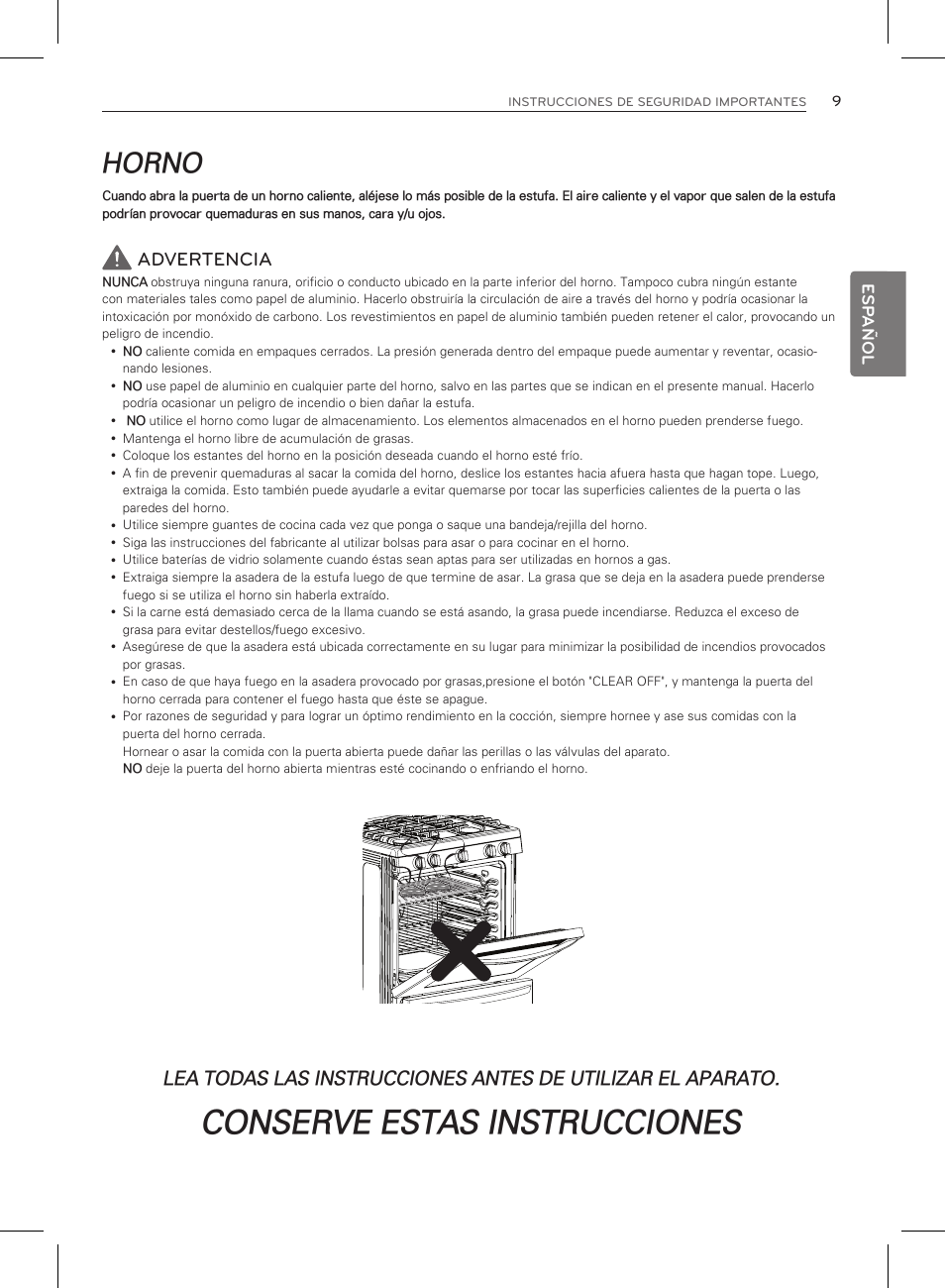 Conserve estas instrucciones, Horno, Advertencia | LG LRG3083ST User Manual | Page 54 / 93