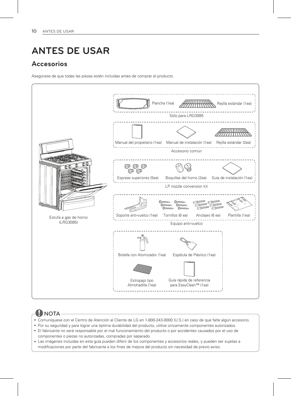 Antes de usar, Accesorios, Nota | LG LRG3083ST User Manual | Page 55 / 93