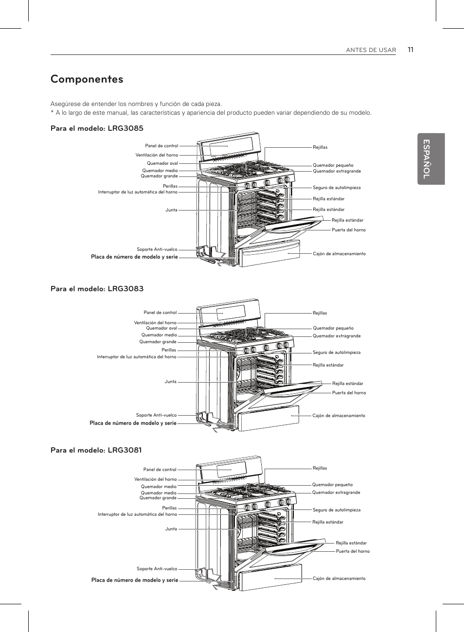 Componentes, Es pañol, Esp añol | LG LRG3083ST User Manual | Page 56 / 93