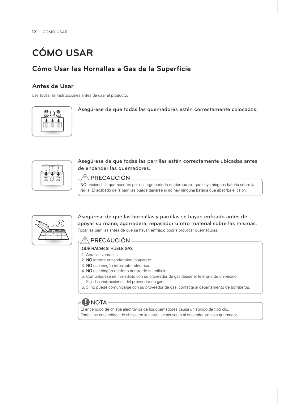 Cómo usar, Cómo usar las hornallas a gas de la superficie, Antes de usar | LG LRG3083ST User Manual | Page 57 / 93