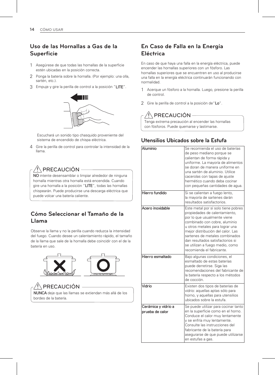 Uso de las hornallas a gas de la superficie, Cómo seleccionar el tamaño de la llama, En caso de falla en la energía eléctrica | Utensilios ubicados sobre la estufa, Precaución | LG LRG3083ST User Manual | Page 59 / 93