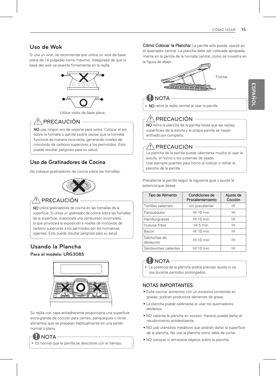 Uso de wok, Uso de gratinadores de cocina, Usando la plancha | Precaución, Nota | LG LRG3083ST User Manual | Page 60 / 93