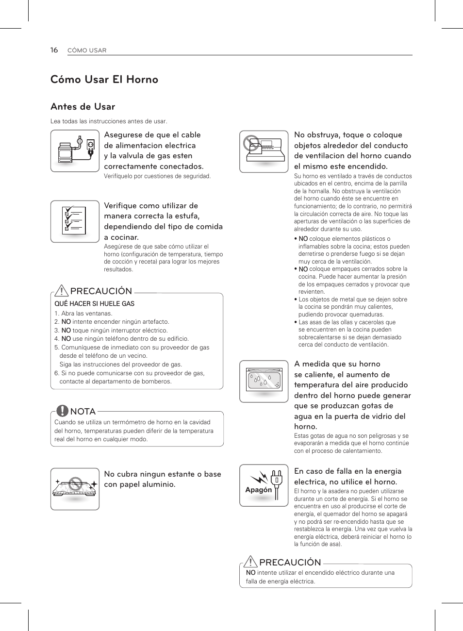 Cómo usar el horno, Antes de usar, Precaución | Nota | LG LRG3083ST User Manual | Page 61 / 93
