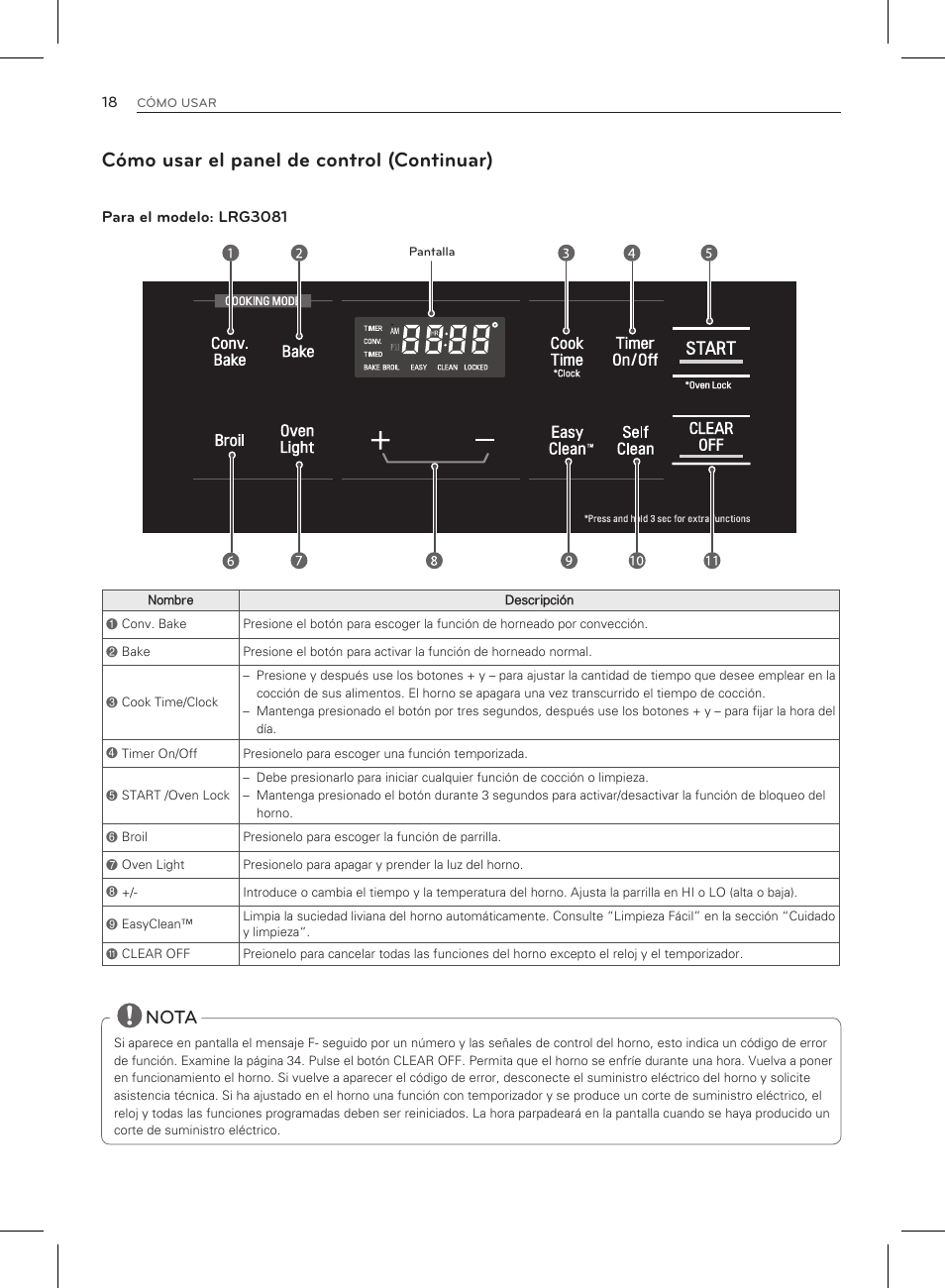 Cómo usar el panel de control (continuar), Nota | LG LRG3083ST User Manual | Page 63 / 93