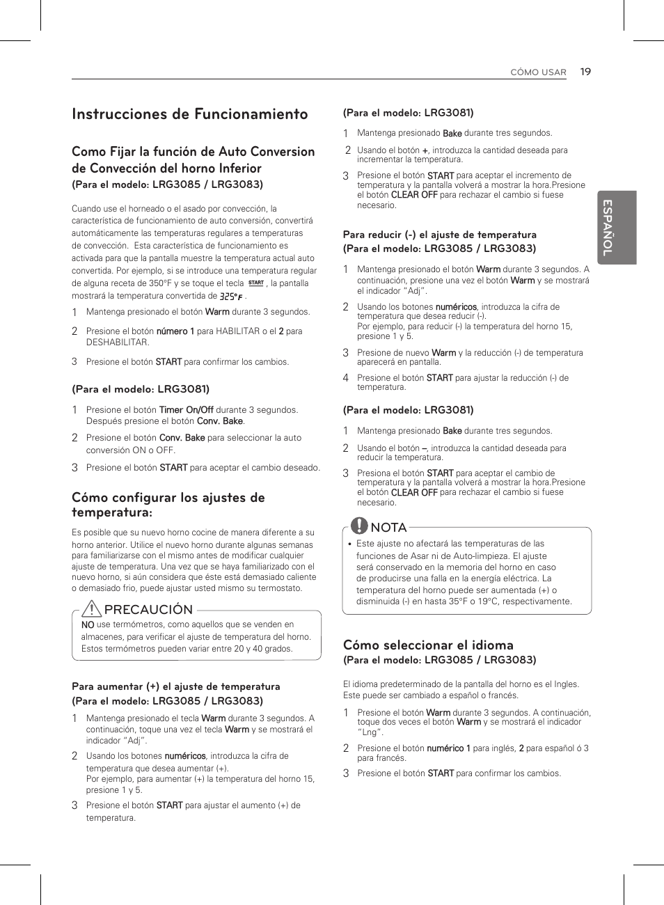 Instrucciones de funcionamiento, Cómo seleccionar el idioma, Cómo configurar los ajustes de temperatura | Precaución, Nota | LG LRG3083ST User Manual | Page 64 / 93