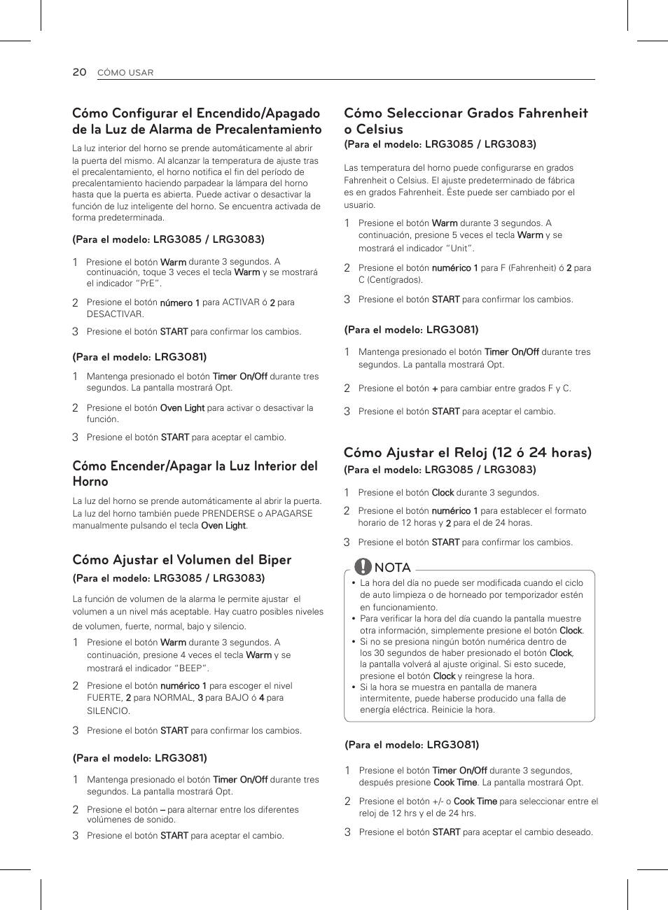 Cómo seleccionar grados fahrenheit o celsius, Cómo encender/apagar la luz interior del horno, Cómo ajustar el volumen del biper | Cómo ajustar el reloj (12 ó 24 horas), Nota | LG LRG3083ST User Manual | Page 65 / 93