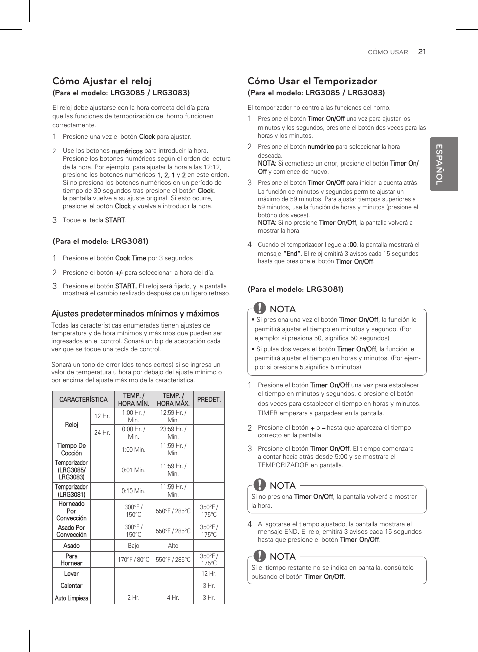 Cómo ajustar el reloj, Cómo usar el temporizador, Nota | LG LRG3083ST User Manual | Page 66 / 93