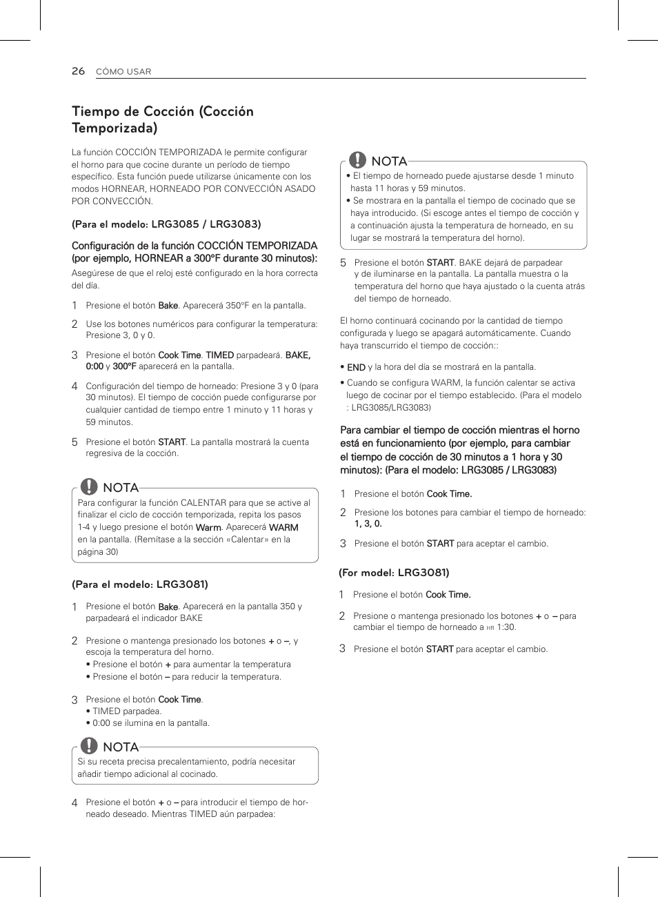 Tiempo de cocción (cocción temporizada), Nota | LG LRG3083ST User Manual | Page 71 / 93