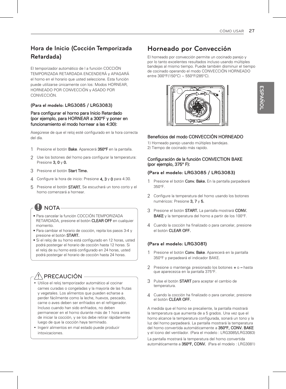 Horneado por convección, Hora de inicio (cocción temporizada retardada), Precaución | Nota | LG LRG3083ST User Manual | Page 72 / 93