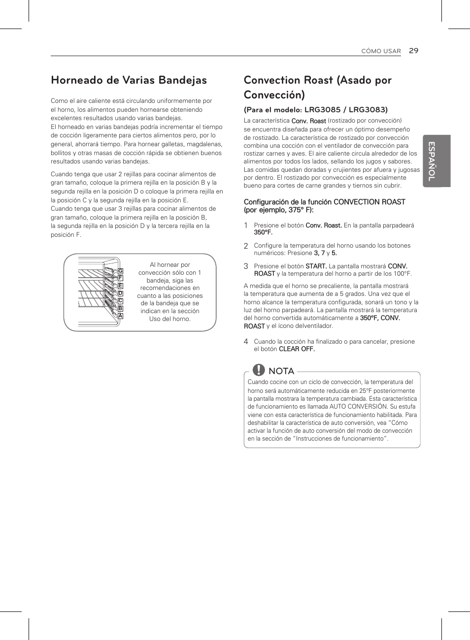 Convection roast (asado por convección), Horneado de varias bandejas, Nota | LG LRG3083ST User Manual | Page 74 / 93