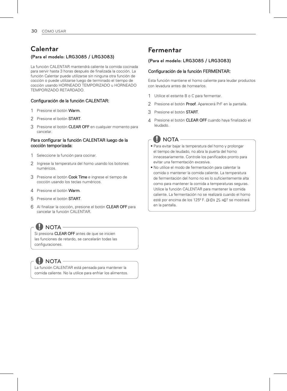 Fermentar, Calentar, Nota | LG LRG3083ST User Manual | Page 75 / 93